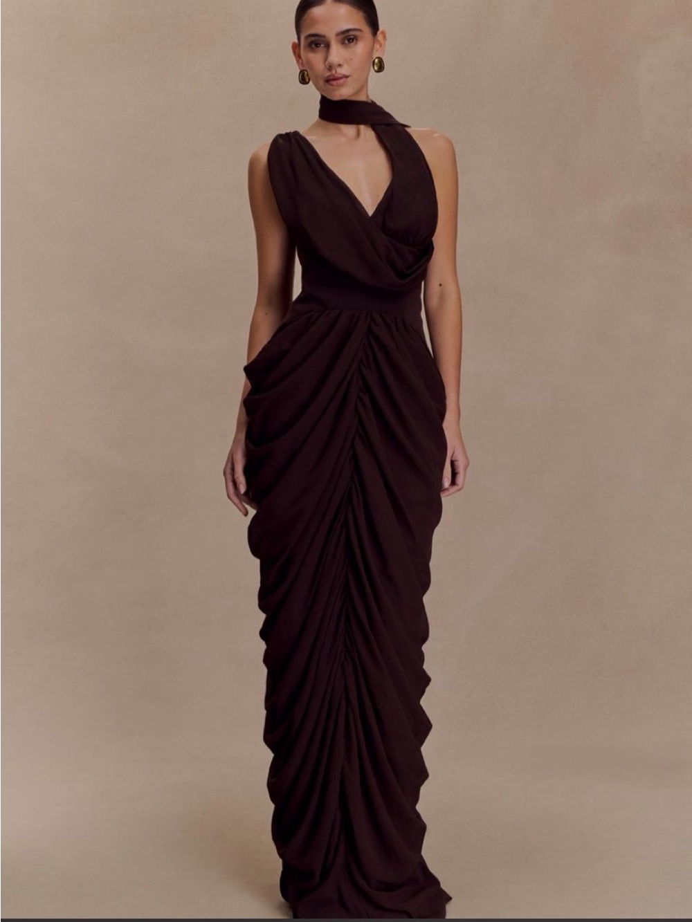 Women’s Brown Draped V-Neck Evening Dress